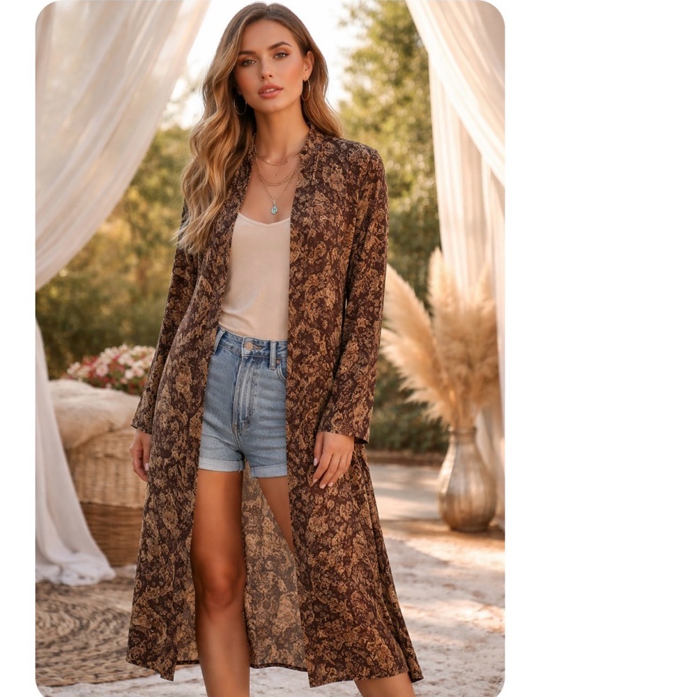 Vintage Jeannene Booher Silk Boho Duster Cardigan Long Button Down Festival Sz 4